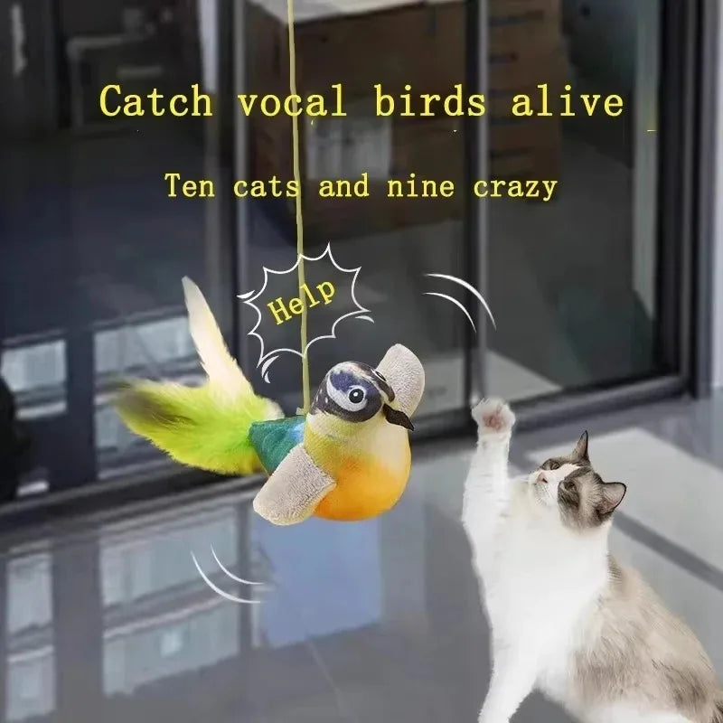 Interactive Bird Sound Cat Toy – Hanging Feather Toy with Catnip